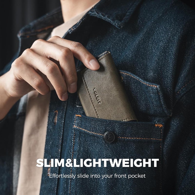 VULKIT حافظة بطاقات عمل جلدية للرجال، محفظة بطاقات عمل نحيفة، حافظة بطاقات الاسم، تحمل 20 بطاقة عمل زيتوني - Image 3